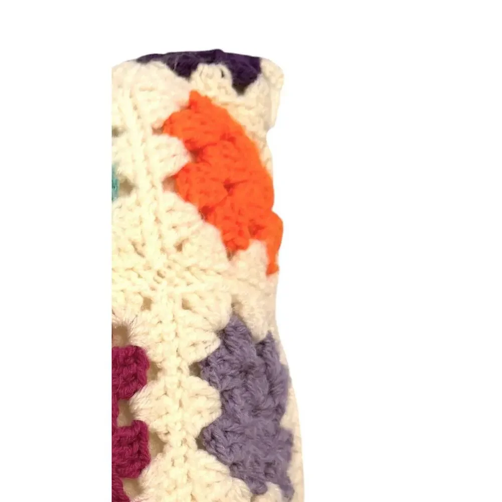 Vintage Granny Square Crochet Throw Pillow Floral Multi Colors Grannycore 16”
